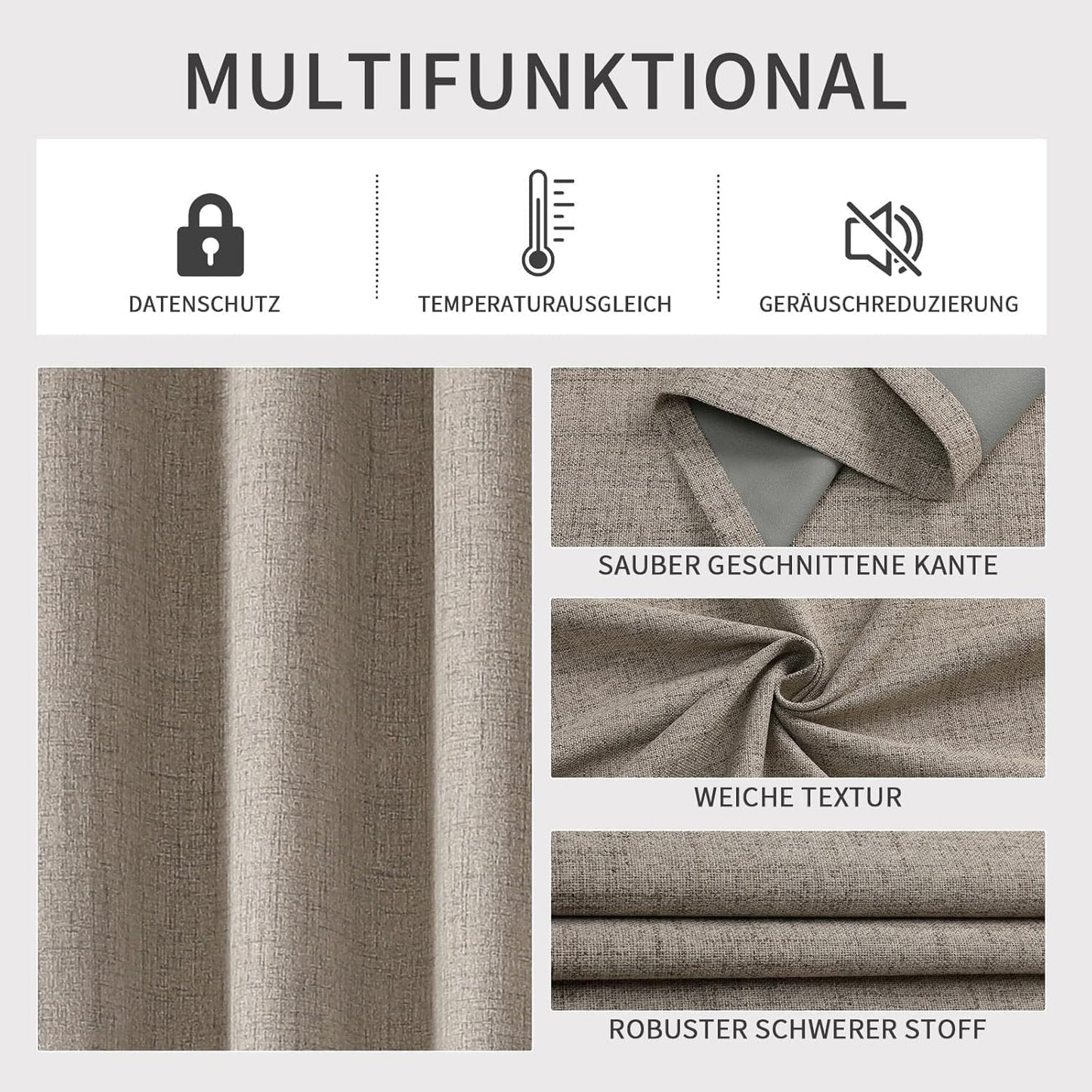 Joydeco 2-Piece Indoor Blackout Curtains, Linen Thermal Curtains with Eyelets for Modern Living Room, Children's Room, Bedroom (Linen, 2 x W140 x H260)