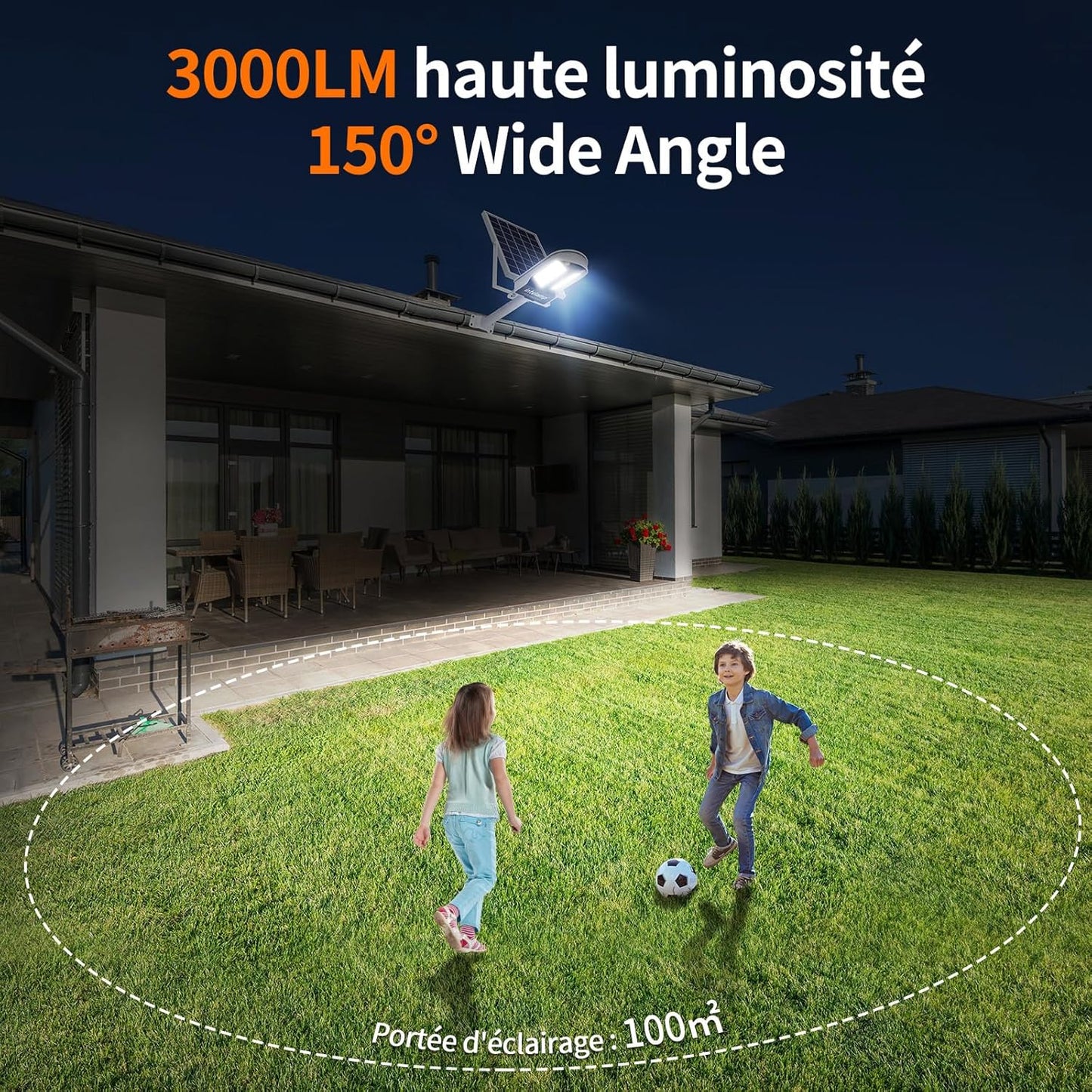 intelamp Outdoor Solar Street Light, Dual Motion Sensor, 12500 mAh 3000 lm Super Bright Outdoor Solar Spotlight with Remote Control, 4 Modes Outdoor Solar Lamp