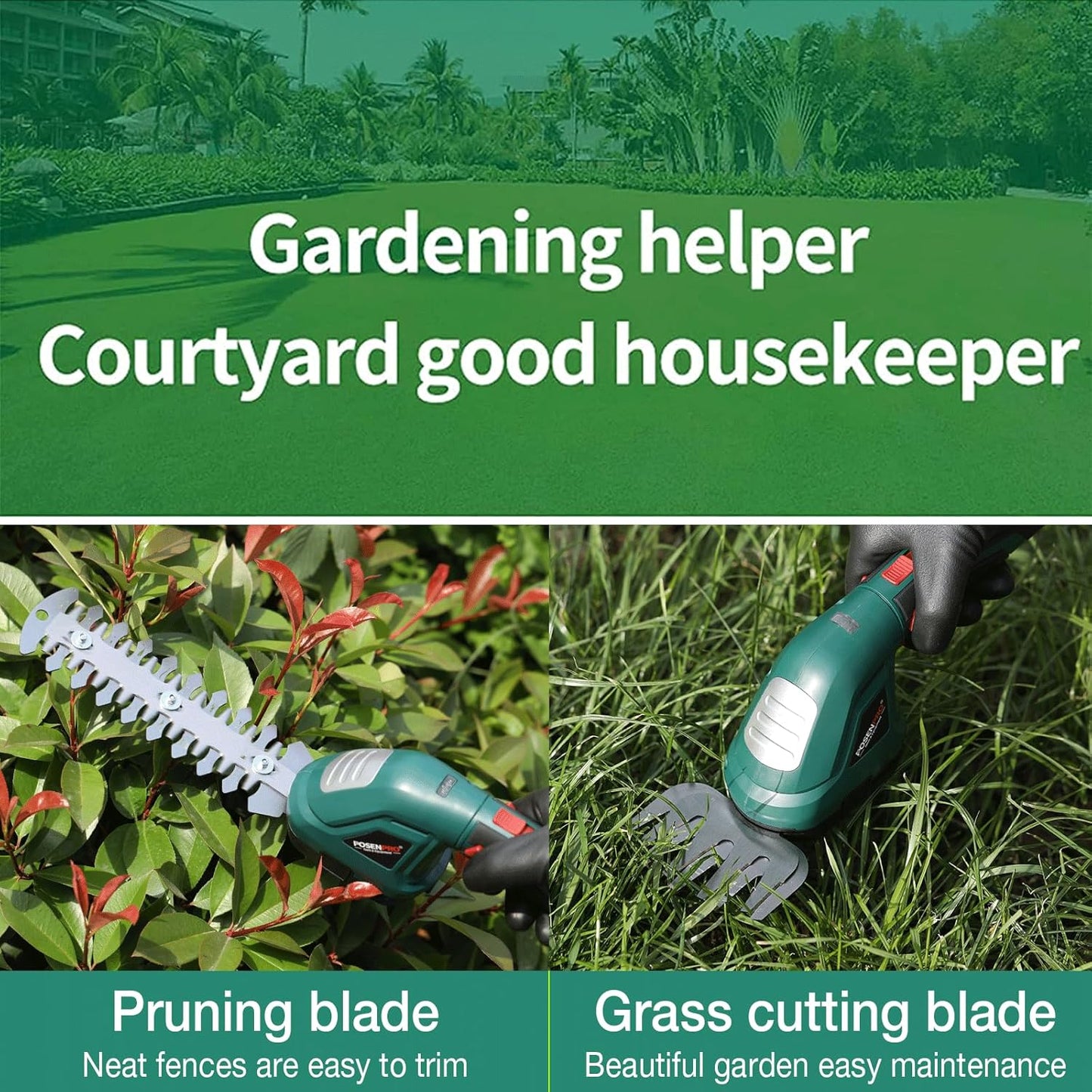 POSENPRO Akku Gras- und Strauchschere, 2 in 1 kabellose Grasschere 7,2V 1,5Ah Akku-Gartenschere, Mini Heckenschere für Garten und Höfe mit Ladegerät