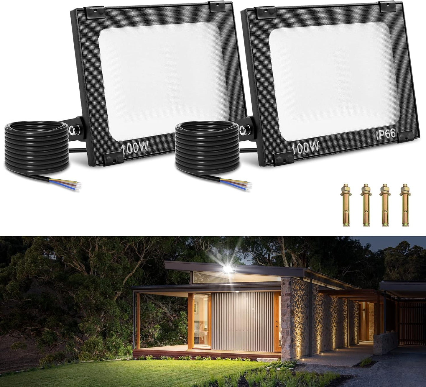 Viugreum 2 Pack 100 W LED Outdoor Floodlight, 8000 lm, IP65, Outdoor Spotlight, 5000 K, Floodlight, Cool White Spotlight, Floodlight with 50 cm Cable for Backyard, Driveway, Garage, Hallway
