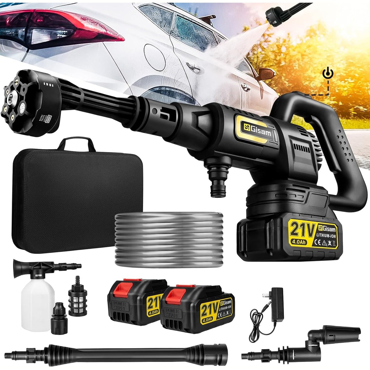 Battery Pressure Washer, Gisam Pressure Washer, Mobile Pressure Washer with 2 x 4.0Ah Batteries, 3-Speed Mode Max 65Bar, 6-in-1 Nozzle, 180° Rotating Nozzle, Foam Sprayer, 5 m Hose, Cleaning