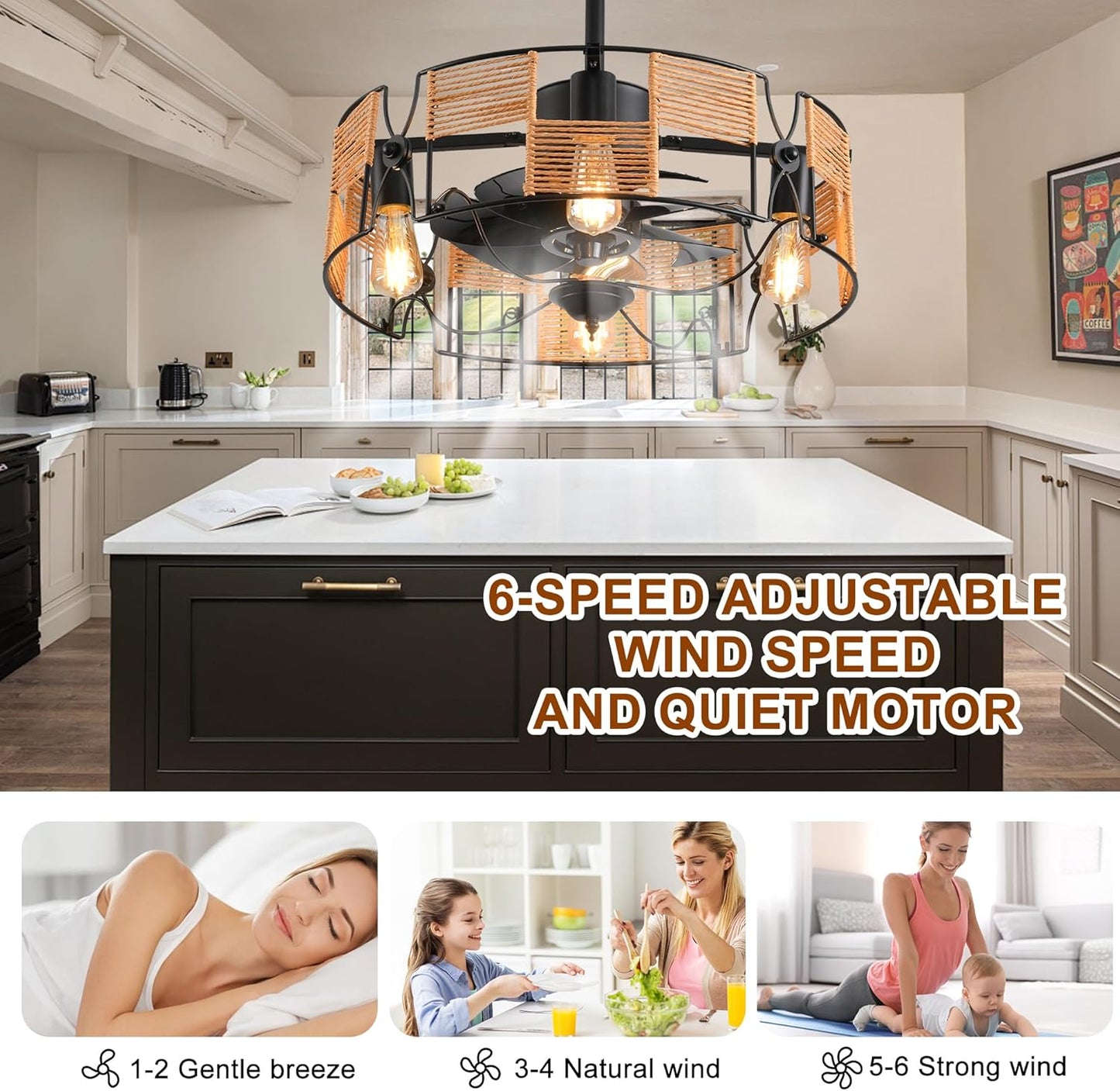 Ganeed Ceiling Fans with Lights Industrial Style Farmhouse 49cm Chandeliers Boho Rattan Caged Lamp Hanging Pendant E27 with Remote Control Black 4 Lights