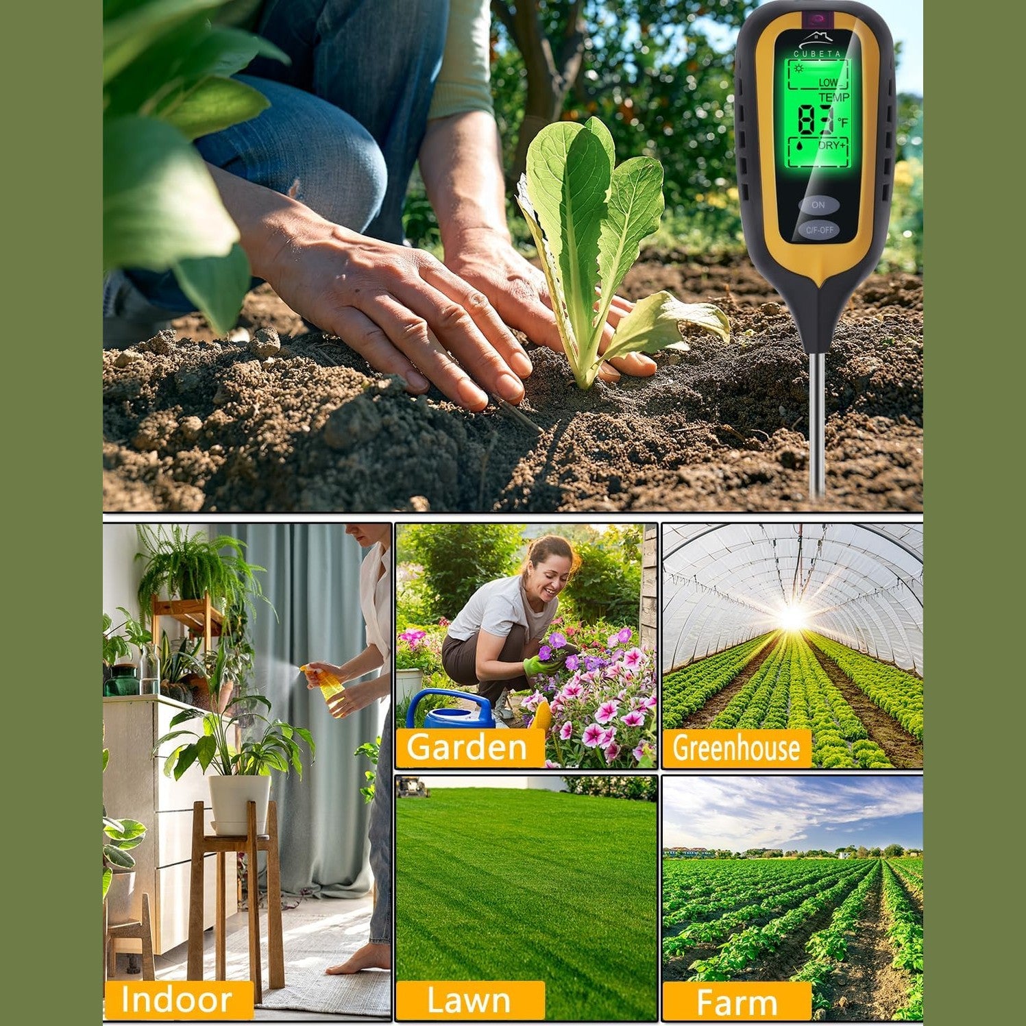 CUBETA Moisture Meter Plants Moisture Meter 4 in 1 Humidity/Temperature/pH/Light for Gardening, Lawn, Indoor Plants (Yellow)