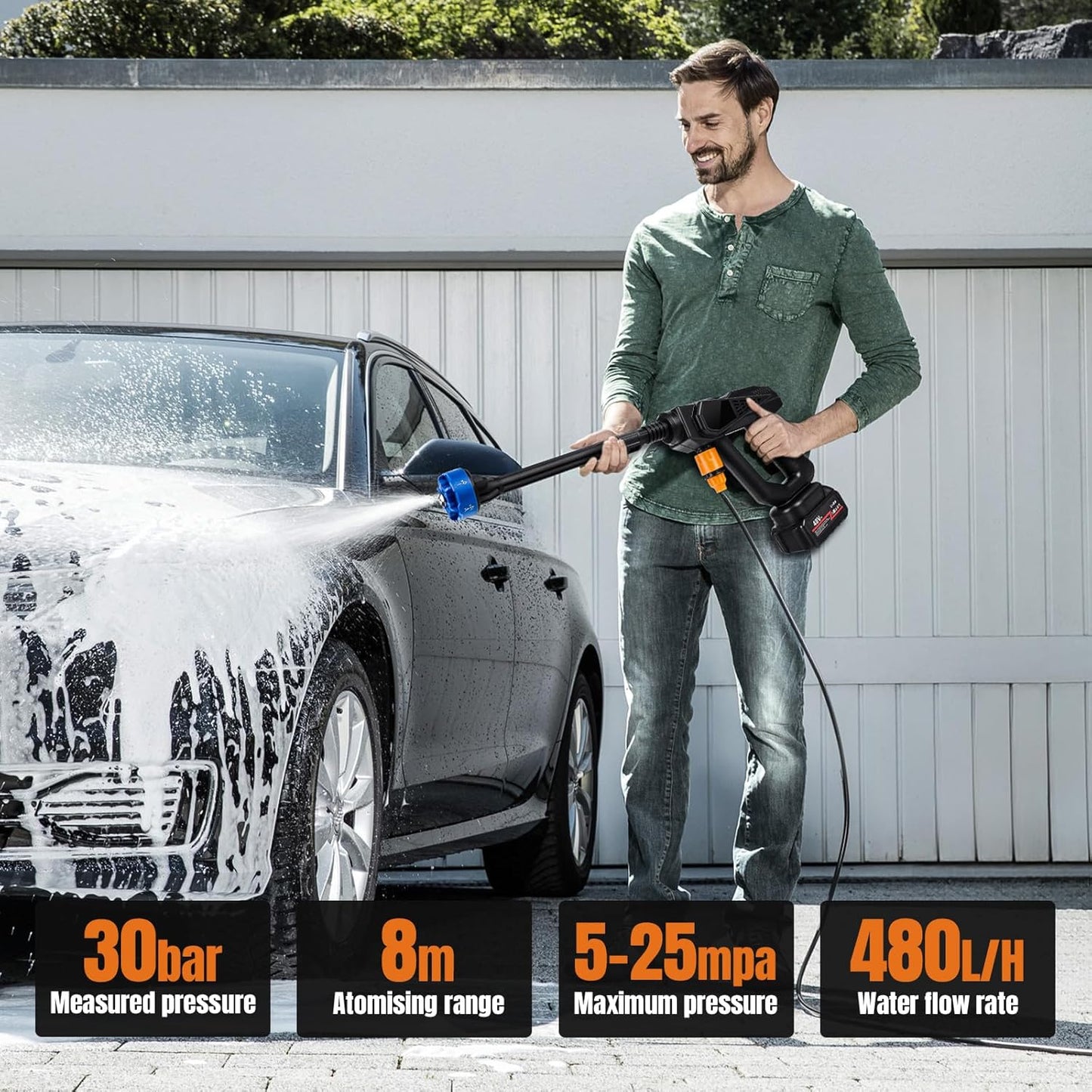 Battery Pressure Washer, 24V Cordless Hand Held Jet Washer 30Bar with 2x1.5 Ah Batteries, 6-in-1 Multi-spray Nozzle, Portable Power Washer Mini Jet Wash for Car, Motorbike, Patio, Window Cleaner