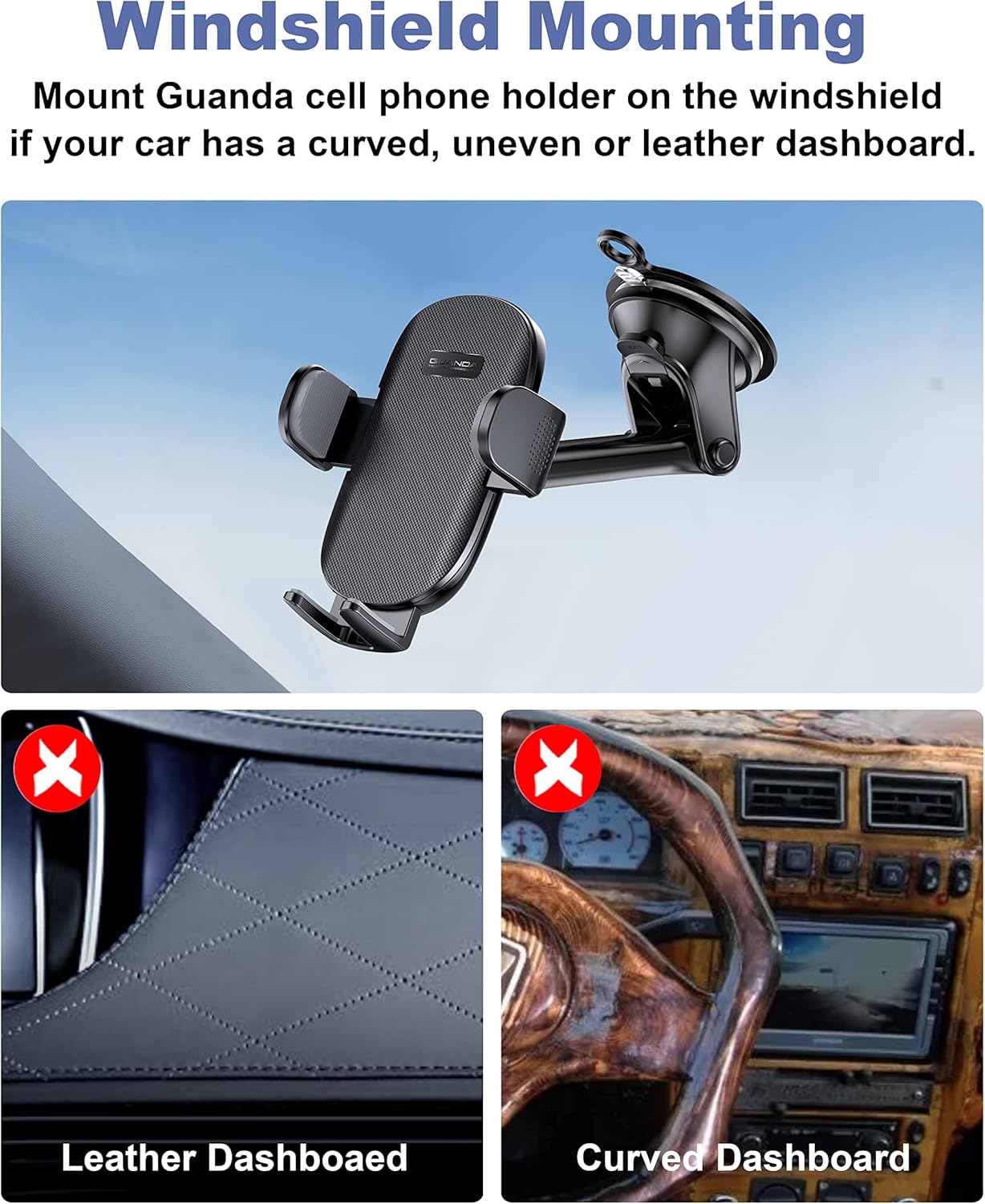 Universal Car Phone Holder Mount for Dashboard Windshield, Military Hands-Free Cell Phone Stand Automobile Cradles Truck Accessories Fit for All iPhone Android Smartphones