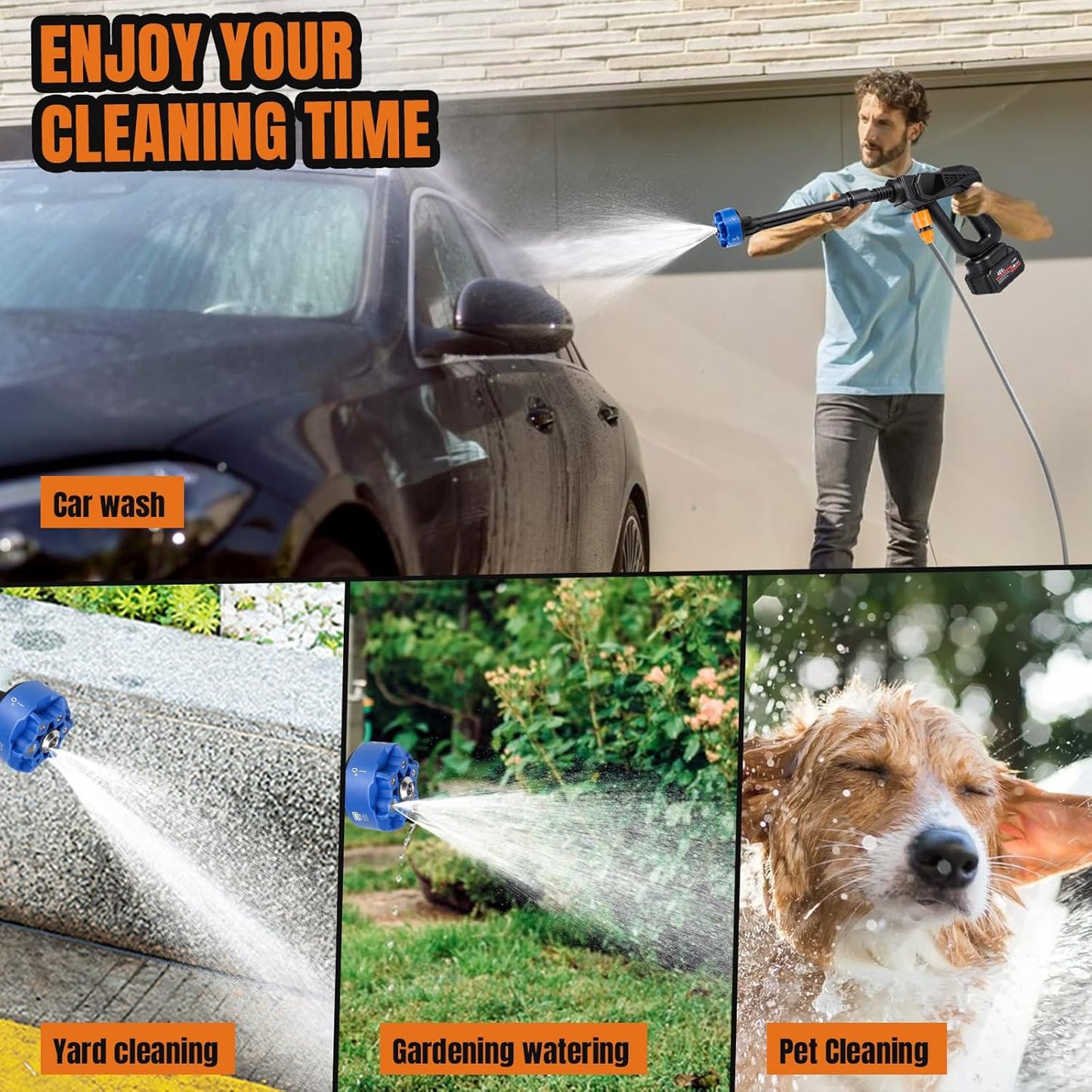 Battery Pressure Washer, 24V Cordless Hand Held Jet Washer 30Bar with 2x1.5 Ah Batteries, 6-in-1 Multi-spray Nozzle, Portable Power Washer Mini Jet Wash for Car, Motorbike, Patio, Window Cleaner
