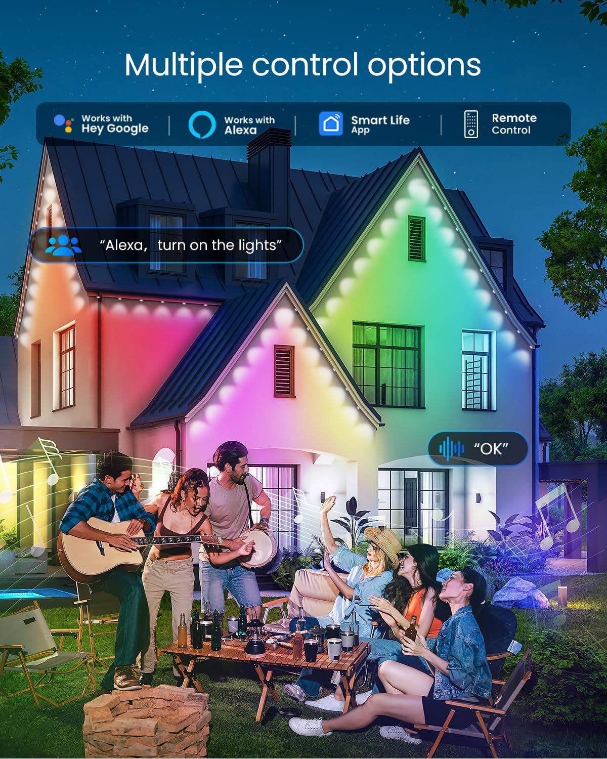 HomaVida Permanent Outdoor Lights 100ft, Christmas DIY Decor, Smart RGB+IC Outdoor Lights for House with Remote, 72 LED IP65 Waterproof Eave Light for Holiday, Party, Work with Alexa, Google Assistant