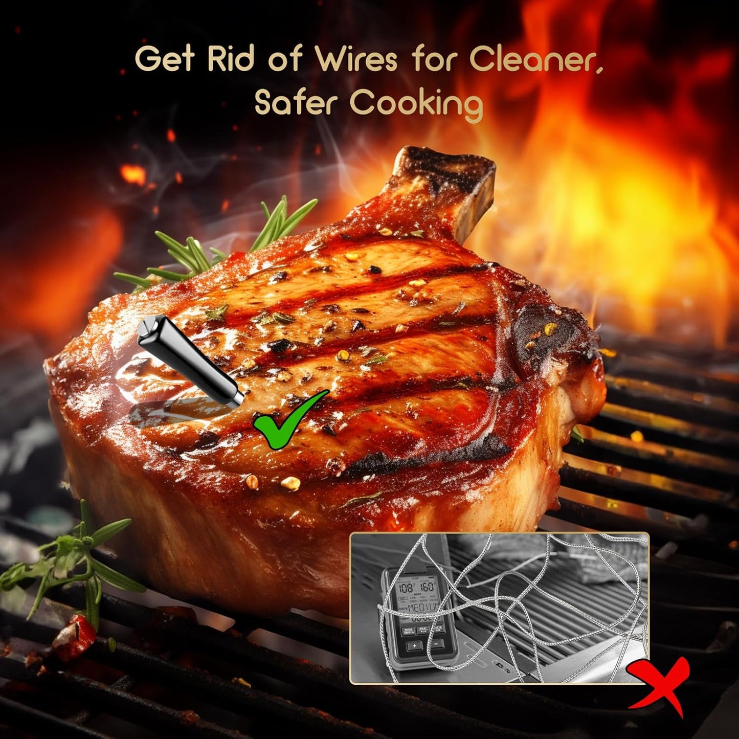 INKBIRD INT-11P-B Wireless Meat Thermometer 91m/300ft Range, Bluetooth Meat Thermometer Probe for Air Fryers Cooking, with Smart APP for Oven Grill Kitchen BBQ Smoker