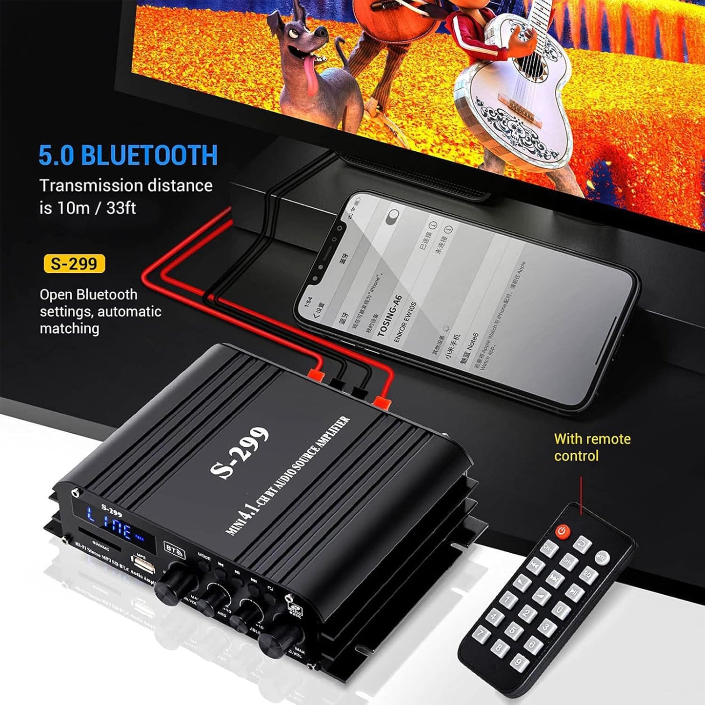 4.1 Channel Bluetooth Power Amplifier with Active Subwoofer Output, 40Wx4 Subwoofer Amplifier, Integrated HiFi Mini Amplifier Speaker, S-299 5.0 Bluetooth Amplifier with Remote Control