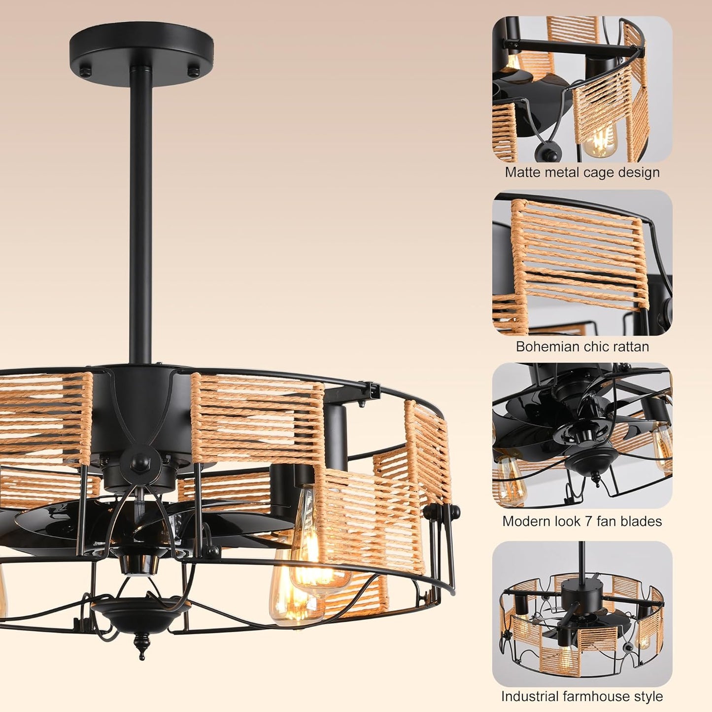 Ganeed Ceiling Fans with Lights Industrial Style Farmhouse 49cm Chandeliers Boho Rattan Caged Lamp Hanging Pendant E27 with Remote Control Black 4 Lights
