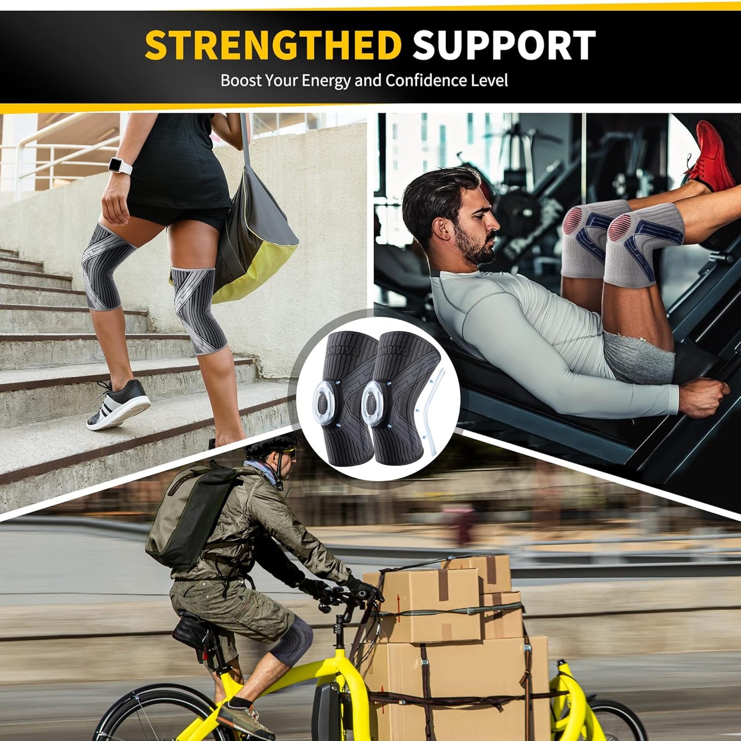 CAMBIVO 2 Pack Knee Brace with Side Stabilizers & Patella Gel Pad for Women and Men, Knee Support for Weightlifting, Climbing, Knee Compression Sleeves for Pain Relief, Arthritis