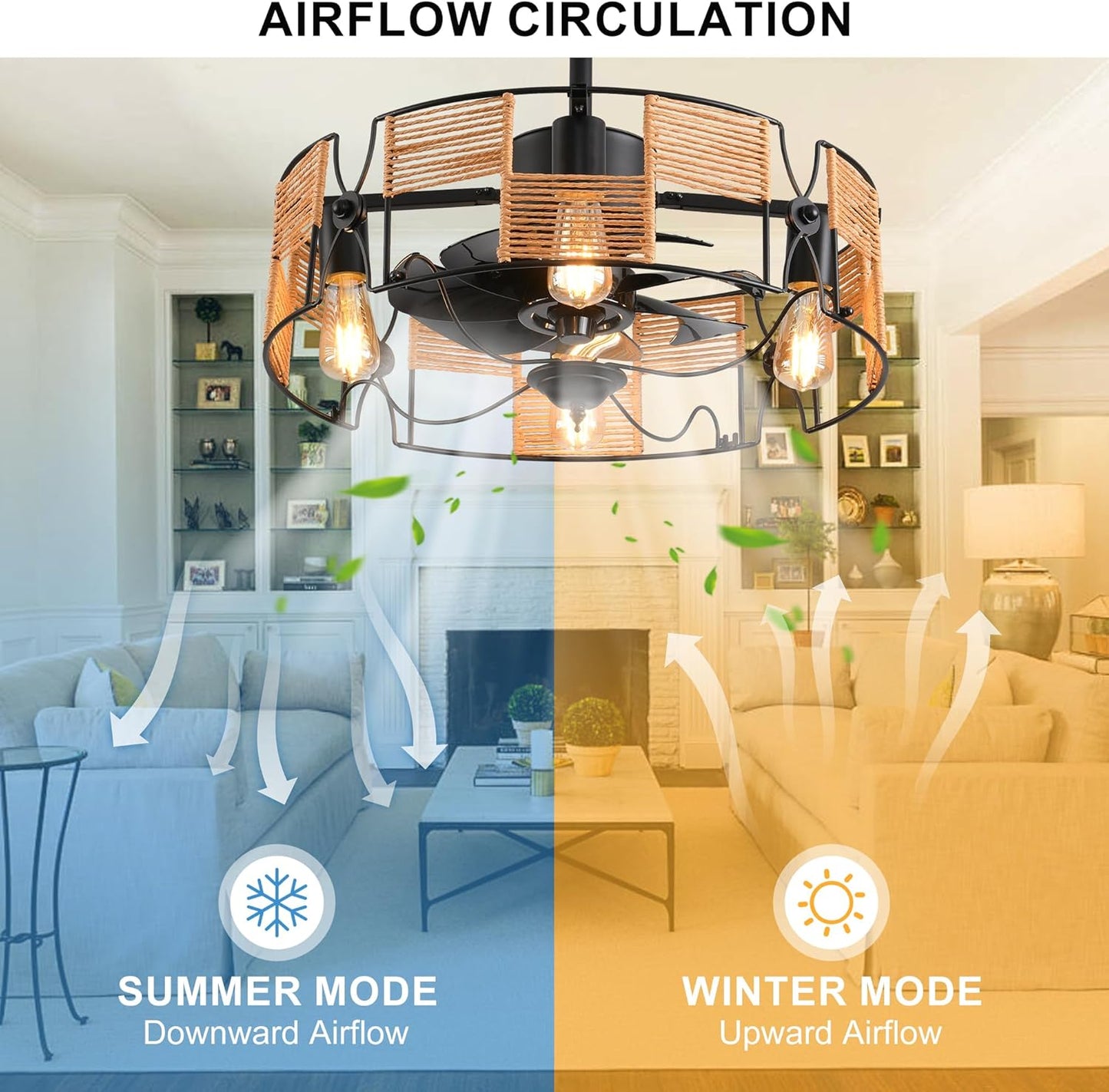Ganeed Ceiling Fans with Lights Industrial Style Farmhouse 49cm Chandeliers Boho Rattan Caged Lamp Hanging Pendant E27 with Remote Control Black 4 Lights