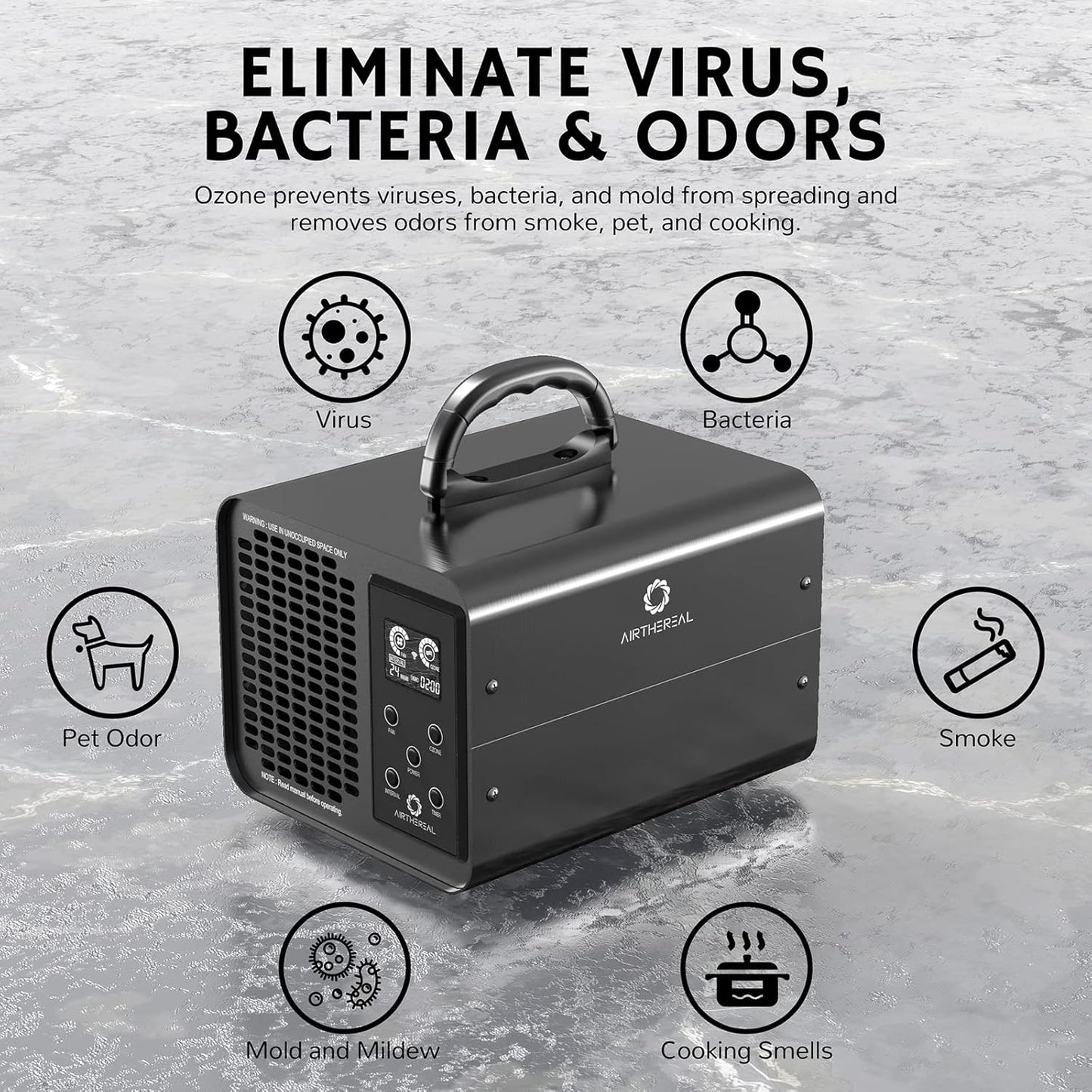 Airthereal MA10K-PRO SMART WiFi Ozone Generator - High Ozone Output Capacity Ozonator- Odor Remover, Deodorizer, Sterilizer - Adjustable Output and Timer Settings for Any Size Room - Black