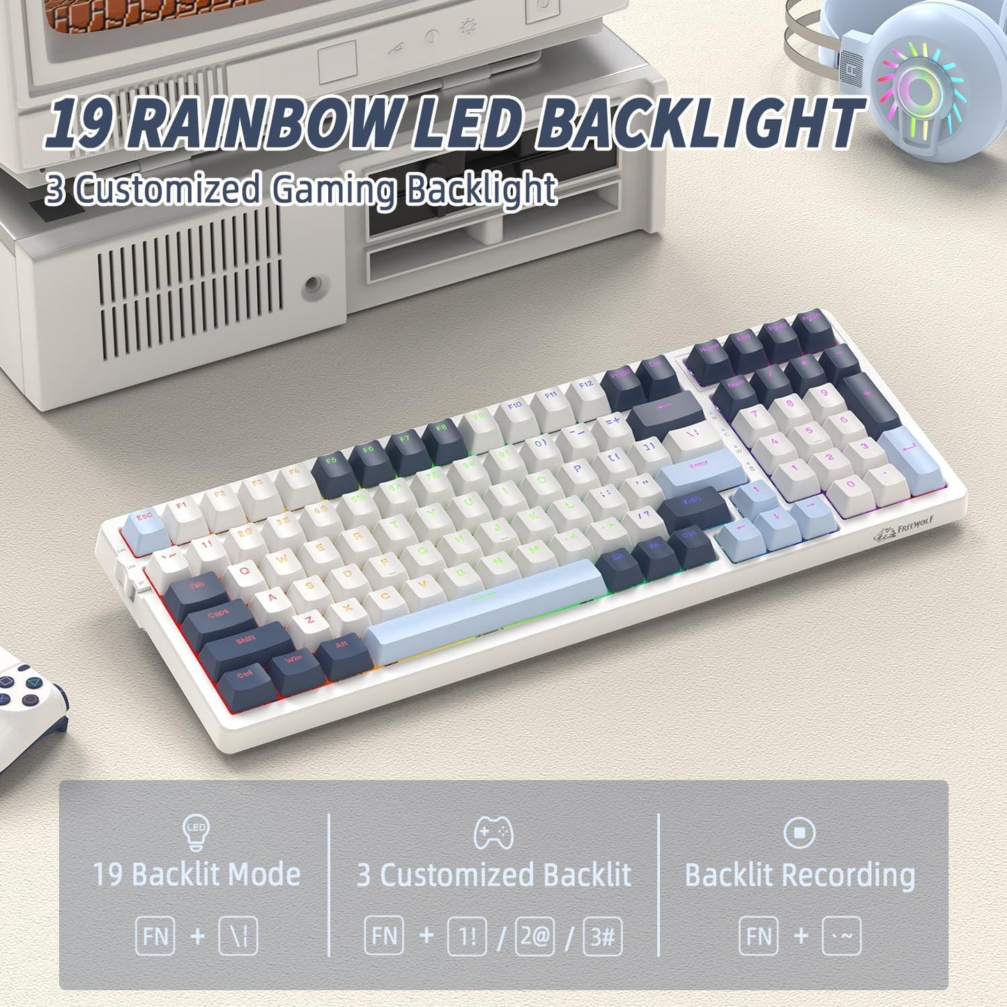 FREEWOLF K8 Wireless Hot Swap Mechanical Gaming Keyboard, Wired RGB Rainbow Backlit Keyboard Red Switch, Bluetooth 5.0/2.4Ghz/USB- C Tri Mode with 4000mAH Battery, US Layout for Mac/Win - Blue/White