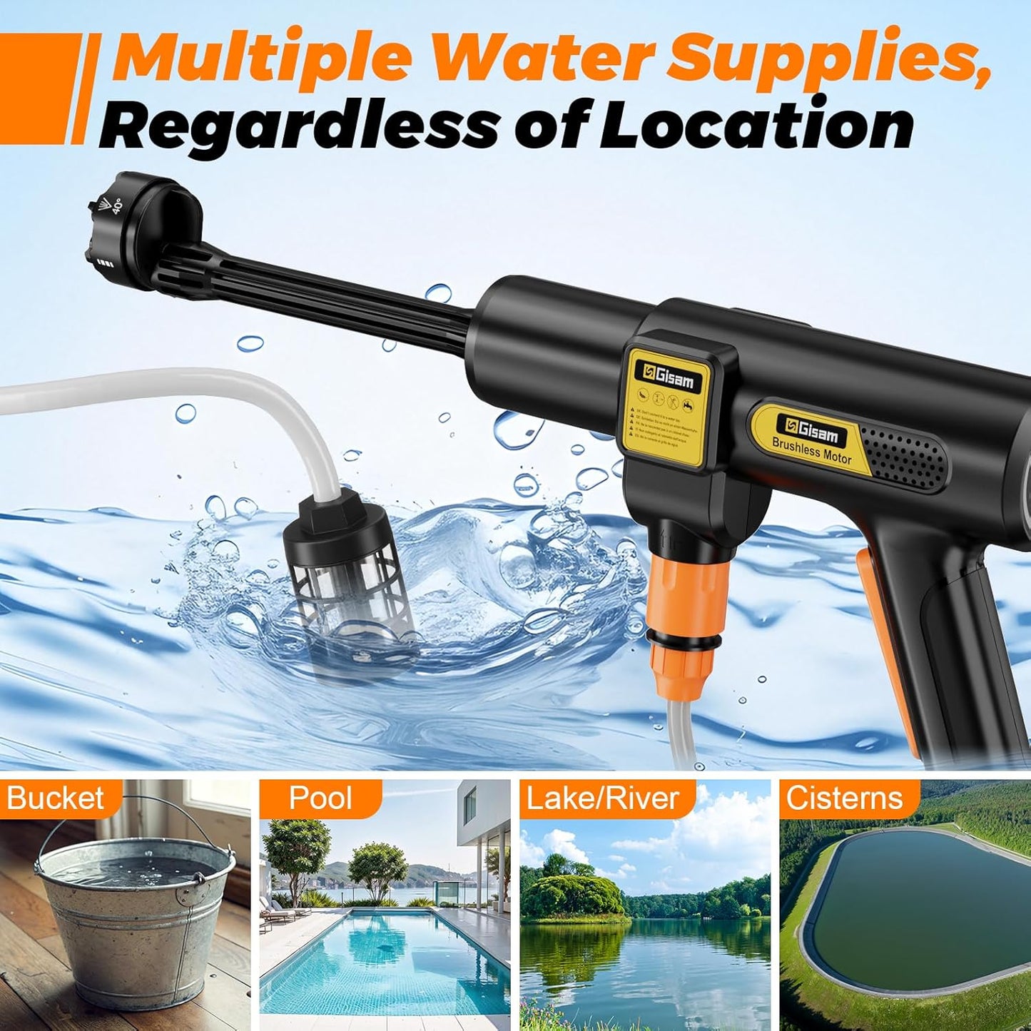 Gisam Cordless Pressure Washer, Max 65 Bar 943 PSI Jet Washers with 2 x 4000mA Batteries, Foam Sprayer, 6 in 1 Multi-function Nozzle & 180 Rotatable Nozzle for Cleaning and Irrigation (Gisam-01)