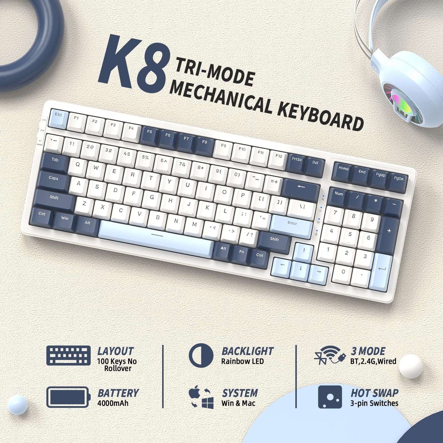 FREEWOLF K8 Wireless Hot Swap Mechanical Gaming Keyboard, Wired RGB Rainbow Backlit Keyboard Red Switch, Bluetooth 5.0/2.4Ghz/USB- C Tri Mode with 4000mAH Battery, US Layout for Mac/Win - Blue/White