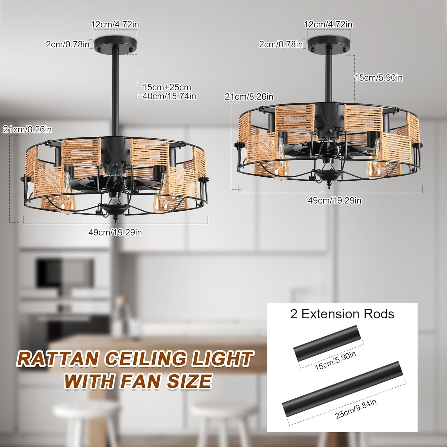 Ganeed Ceiling Fans with Lights Industrial Style Farmhouse 49cm Chandeliers Boho Rattan Caged Lamp Hanging Pendant E27 with Remote Control Black 4 Lights