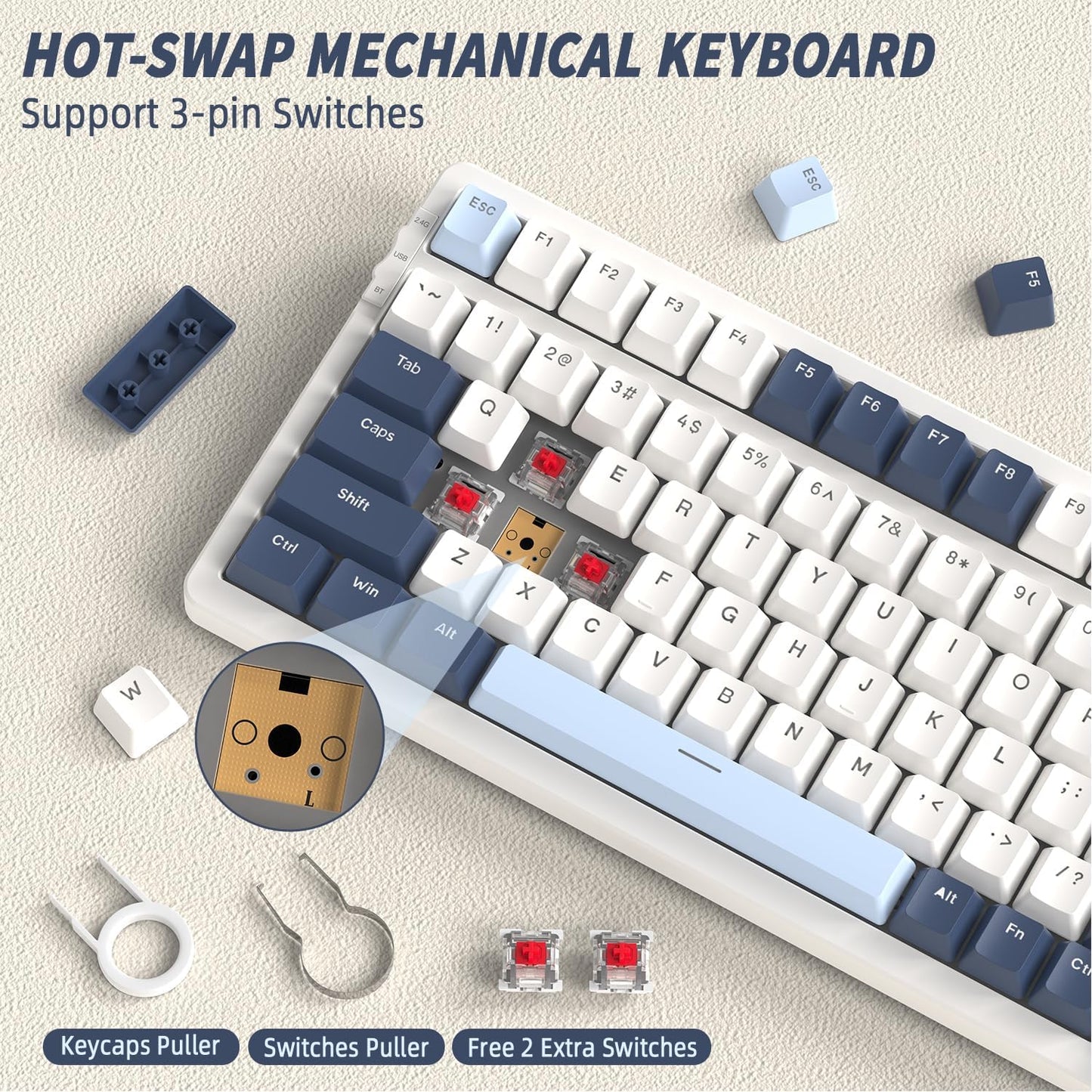 FREEWOLF K8 Wireless Hot Swap Mechanical Gaming Keyboard, Wired RGB Rainbow Backlit Keyboard Red Switch, Bluetooth 5.0/2.4Ghz/USB- C Tri Mode with 4000mAH Battery, US Layout for Mac/Win - Blue/White