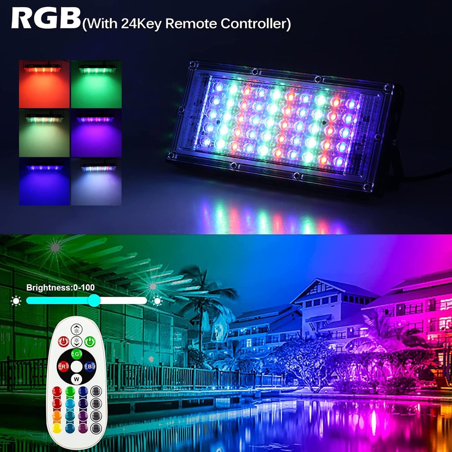 Eleganted LED RGB Outdoor Spotlight, 150 W, 2 Pieces, Super Bright LED Floodlight with Plug, Construction Spotlight, IP65 Waterproof Outdoor Spotlight for Yard, Garden, Garage, Sports Field