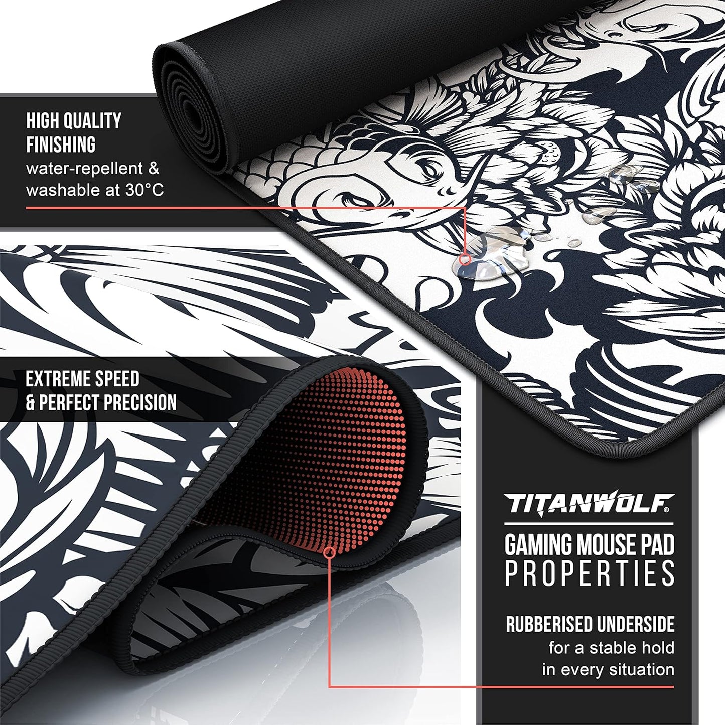 TITANWOLF - XXL Mouse Mat - Mouse Pad 900 x 400 x 3mm –Speed Gaming Mouse Pad - Extra Large - Table Mat Large Size - improved Precision and Speed – Design Koi Tattoo