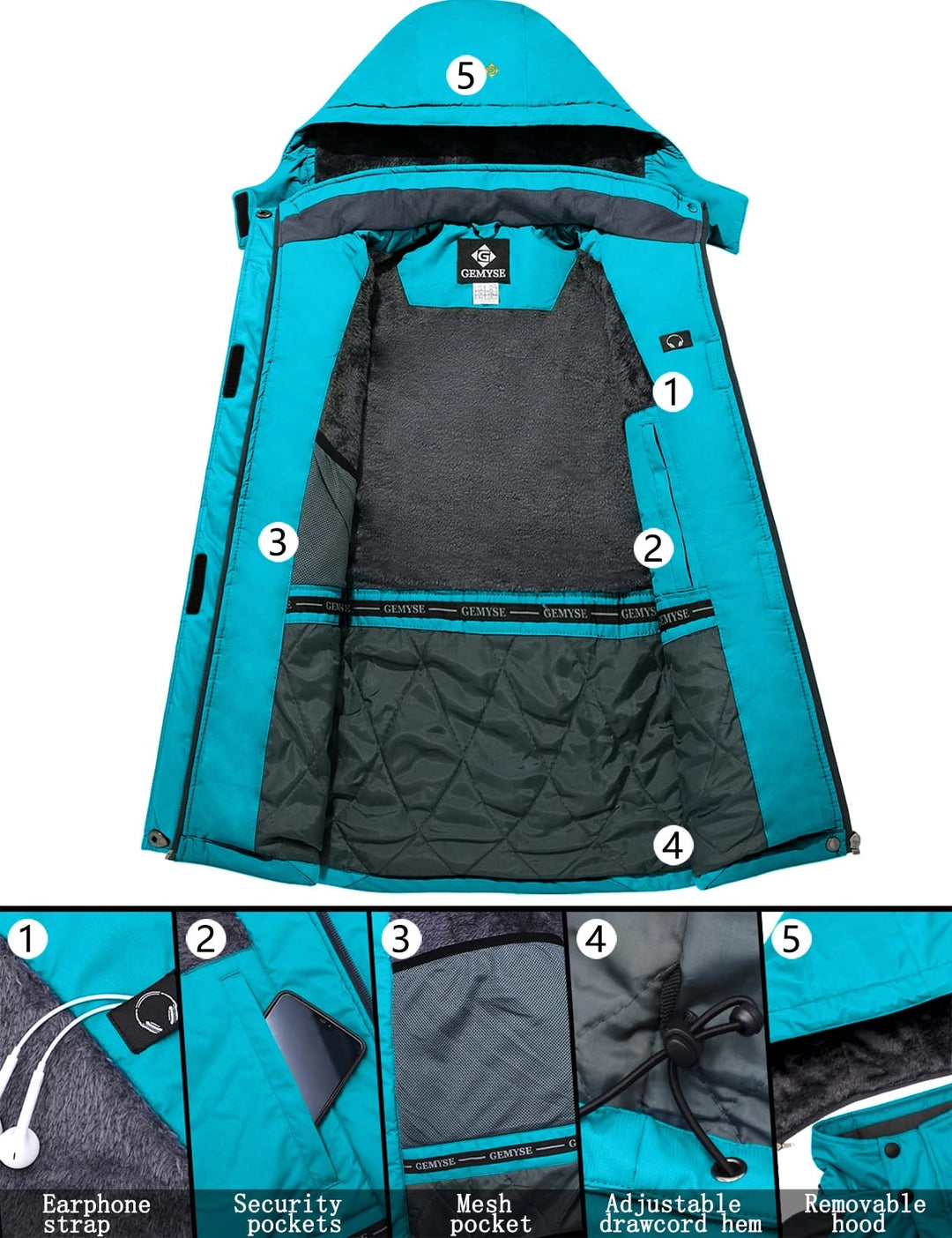 Geaca Ski Femei GEMYSE, Impermeabila si Windproof, Hardshell, Cu Gluga, Pentru Iarna, Drumetii si Ploaie