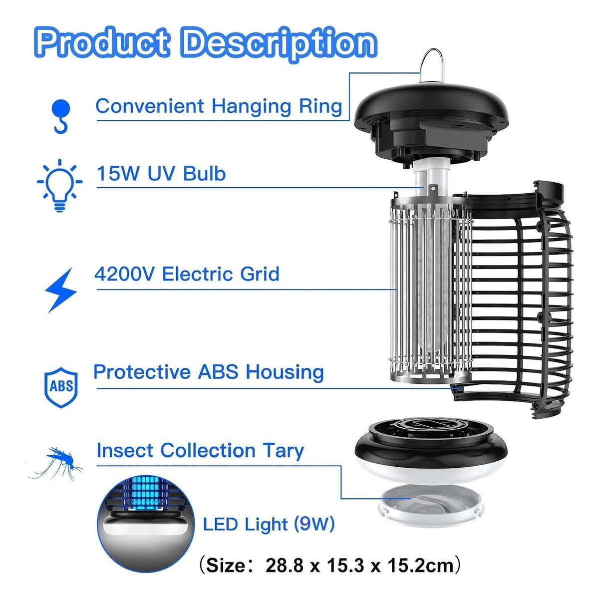Lampa electrica anti-insecte WUEAOA, UV 15 W, 4200 V, cu iluminare LED