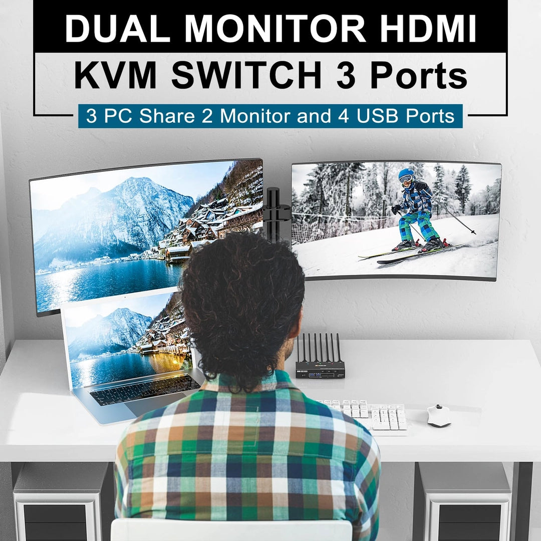Switch KVM USB 3.0 HDMI, 3 PC la 2 Monitoare, 4K 60Hz, HDMI 2.0, EDID, Telecomanda si Cabluri Incluse