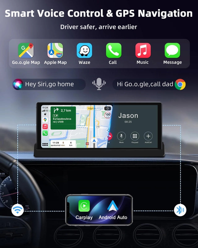 Display Auto 10.26 inch cu Apple CarPlay si Android Auto, Ecran Multimedia Masina cu GPS, Bluetooth, Wi-Fi, Control Vocal Siri/Google, Montaj cu Suport Baza, Actualizare OTA – Model 2025
