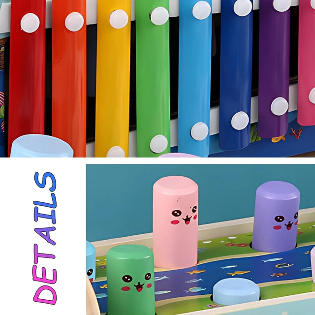 Kingbar 4-in-1 Jucarie Montessori din Lemn pentru Copii – Whack-a-Mole, Xilofon, Ceas, Dezvoltare Abilitati Motorii