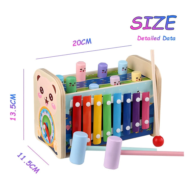 Kingbar 4-in-1 Jucarie Montessori din Lemn pentru Copii – Whack-a-Mole, Xilofon, Ceas, Dezvoltare Abilitati Motorii