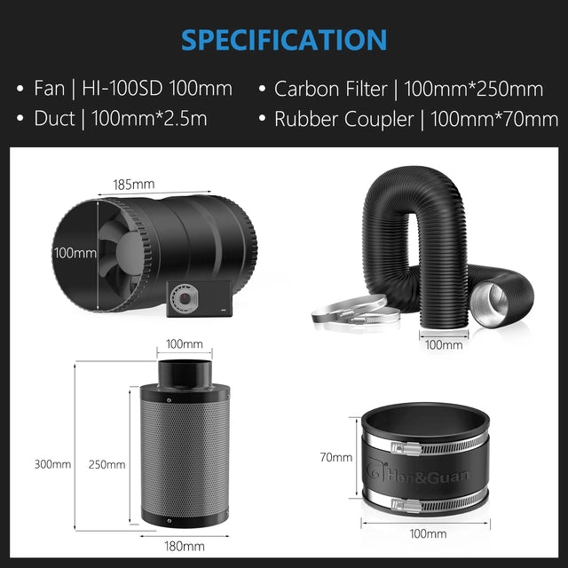Ventilator de tubulatura Hon&Guan 100 mm, 221 m³/h, reglabil, cu stecher EU – pentru baie, garaj, bucatarie, sera