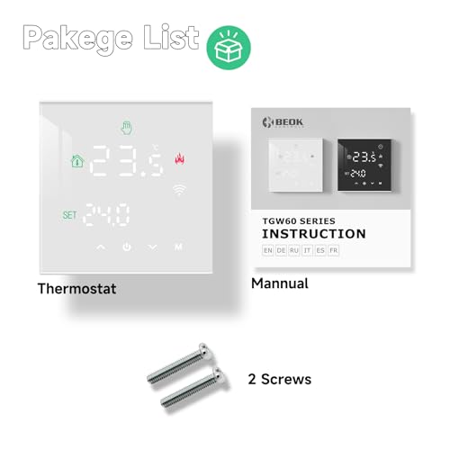 Termostat inteligent Beok WiFi pentru centrala termica, control Tuya, programabil, termostat digital wireless cu ecran tactil LCD, montaj pe perete, TGW60W-WIFI-WPB, alb