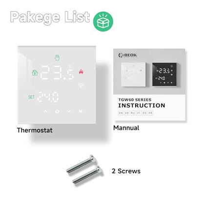 Termostat inteligent Beok WiFi pentru centrala termica, control Tuya, programabil, termostat digital wireless cu ecran tactil LCD, montaj pe perete, TGW60W-WIFI-WPB, alb