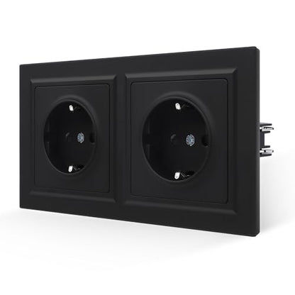 Priza dubla Schuko 16A negru mat Smooth Skin, 250V, 155x84 mm