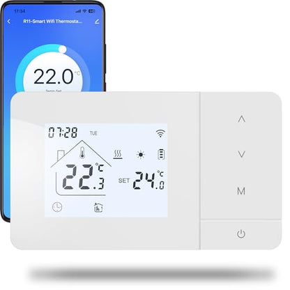 Termostat WiFi pe baterii cu 2 fire pentru centrala pe gaz, programare zilnica Tuya, compatibil Google Assistant si Alexa, W506 3A, montaj doza 503, alb