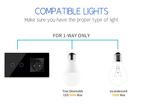 Intrerupator Dimmer touch dublu cu priza Schuko CNBINGO, sticla neagra, LED status