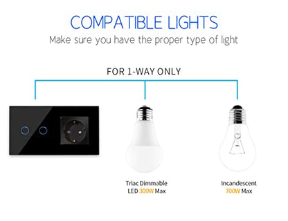 Intrerupator Dimmer touch dublu cu priza Schuko CNBINGO, sticla neagra, LED status