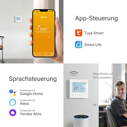 Termostat inteligent Beok WiFi pentru incalzire, centrala termica si incalzire in pardoseala, termostat de ambient programabil cu LCD digital, 3A, TDR89W-WIFI-WPB, alb