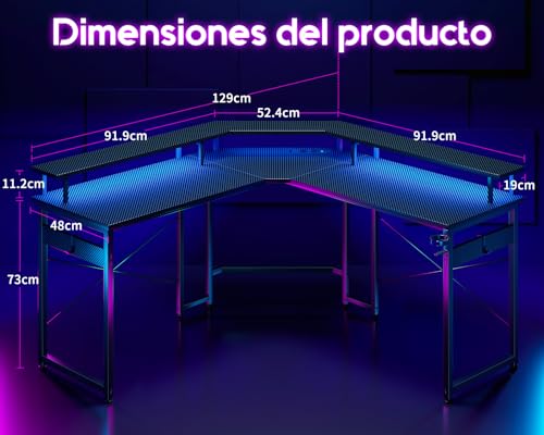 Birou gaming 129x129 cm ODK, LED, 2 prize + 2 USB, raft monitor