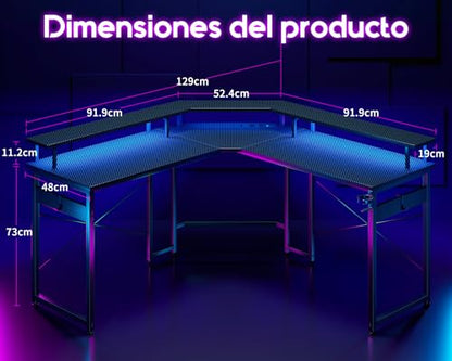 Birou gaming 129x129 cm ODK, LED, 2 prize + 2 USB, raft monitor
