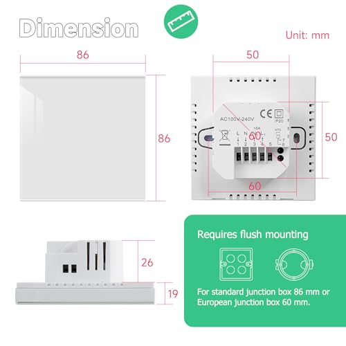 Termostat inteligent Beok WiFi pentru centrala termica, control Tuya, programabil, termostat digital wireless cu ecran tactil LCD, montaj pe perete, TGW60W-WIFI-WPB, alb