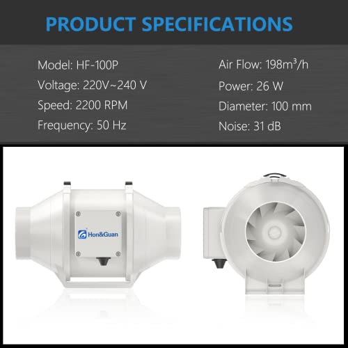 Ventilator Inline Hon&Guan 100mm silentios, debit reglabil treapta mare/mica, ventilator inline pentru baie, birou, grow tent si hidroponie