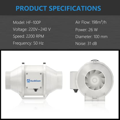 Ventilator Inline Hon&Guan 100mm silentios, debit reglabil treapta mare/mica, ventilator inline pentru baie, birou, grow tent si hidroponie