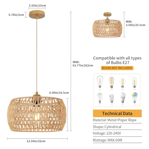 Lampa Pendul rattan E27 Ø32cm + Generic + stil boho vintage, lumina calda