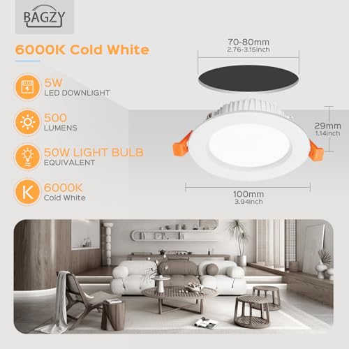 Set 10 spoturi LED incastrate BAGZY, 5W/500lm, lumina rece 6000K si IP44