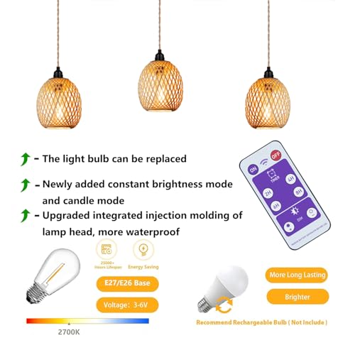 Lampa suspendata E27 pe baterie, cu abajur ratan boho
