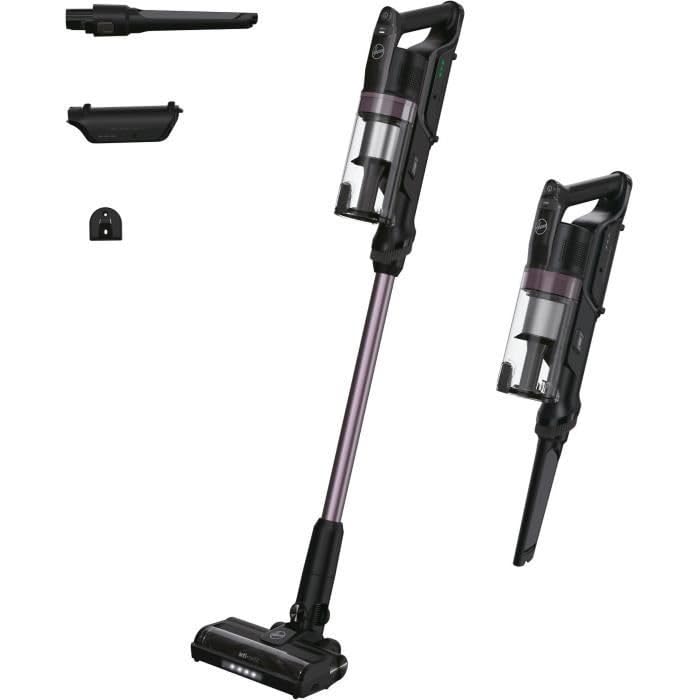 Aspirator vertical fara fir Hoover HF1P10H, 40 AW, ecran LED, negru/violet pastel