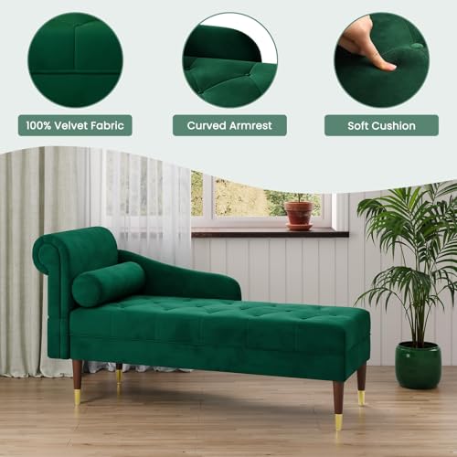 Canapea Vesgantti tip chaise longue din catifea, cu brate si perna, 149.5x54x76 cm, elegant si confortabil