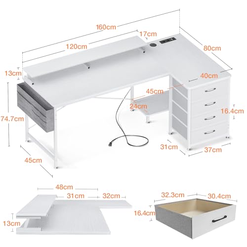 Birou in forma L 160x80 cm ODK, 4 sertare, USB si prize pentru organizare
