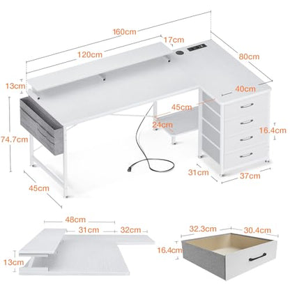 Birou in forma L 160x80 cm ODK, 4 sertare, USB si prize pentru organizare